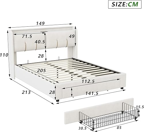 LONELYO lit Coffre 160 x 200 cm, Lit Double rembourré avec éclairage LED et Charge USB, avec sommier à Lattes et tête de lit, Cadre de lit avec tiroirs et Espace de Rangement - Nail Gallerys
