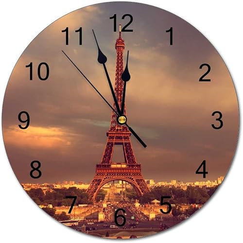 Horloge murale ronde moderne avec tour Eiffel et nuages - Silencieuse - 35,6 cm - Nail Gallerys