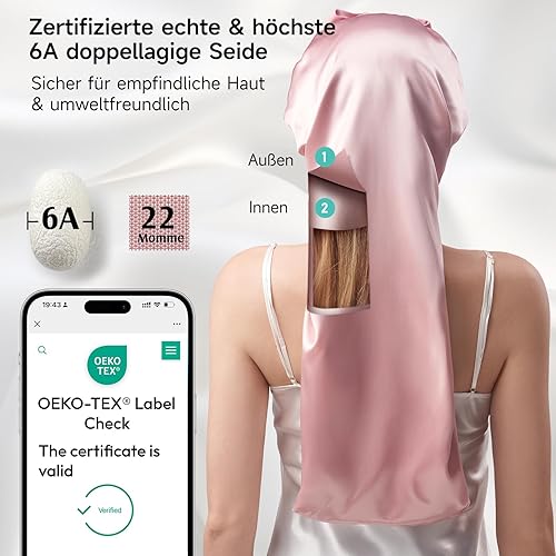 Umisleep Bonnet de nuit respirant en 100 % soie de mûrier 22 momme - Bonnet de nuit doux pour cheveux volumineux - Double face - Large bande réglable - Rose - Nail Gallerys