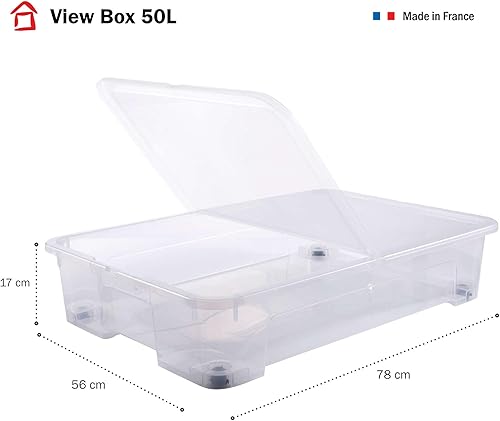 SUNDIS View Box, boîte de rangement avec roues et couvercle, 50l, en plastique transparent, superposable et empilable, idéale pour ranger sous le lit - Nail Gallerys