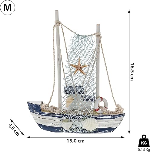 Cepewa Bateau de pêche à poser - Blanc et bleu - Hauteur : 16,5 cm - Décoration maritime - Filet de pêche avec coquillages - Corde (1 bateau de pêche de 16,5 cm) - Nail Gallerys