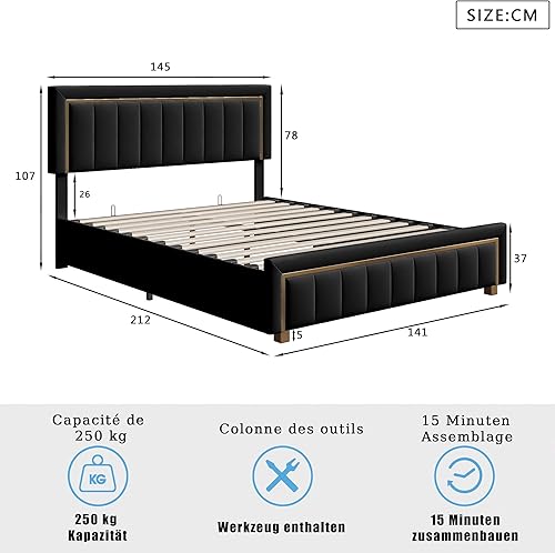 Générique Lit 140 x 200 cm, avec Tête de lit et Coffre Hydraulique, Double à Lattes pour 2 Personnes, Rembourré avec Cadre, Garniture dorée, sans Matelas (Beige, 140x200cm) - Nail Gallerys