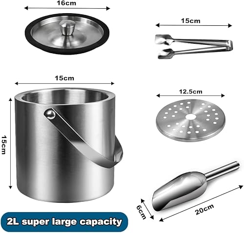LPAMABA 2L Seau a Glacon Isotherme avec Couvercle en Acier, Seau a Champagne Ice Clips Ice Scoop, Double Épaisseur Seau a Glace Isotherme, Seau a Glace pour Bouteille, Seau a Glace INOX - Nail Gallerys