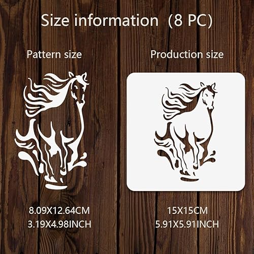 NBEADS 8 Pcs Pochoir de Peinture Cheval, 15x15cm Pochoirs de Peinture Réutilisables en Plastique Modèle de Peinture de Dessin Creux pour DIY Scrapbooking Bois Meubles Mur Maison Décor - Nail Gallerys