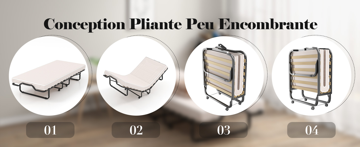 Lit Pliant 90x200 cm pour Adulte, Lit d'Appoint Pliable avec Matelas en Mousse à Mémoire de Forme