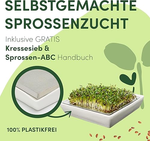 Green SEEDS® Passoire à cresson - 1 pièce - Passoire en acier inoxydable avec bol en céramique de qualité supérieure - Bol de culture 14 x 14 cm - Passe au lave-vaisselle et inoxydable - Avec échelons - Nail Gallerys