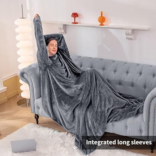 Aisbo Plaid avec Manche Polaire - Plaid à Manche Flanelle pour Femme et Homme, Couverture avec Manche Doux et Chaud avec Poches Portables, 150x200 Gris - Nail Gallerys