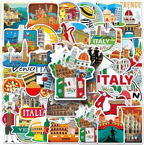 Lot de 50 Italie Autocollants, Italie Voyage Autocollants en Vinyle Imperméables, Valises Stickers pour scrapbooking, bouteille d'eau, Bagages Skateboard Guitare Ordinateur Portable - Nail Gallerys