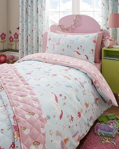 Kidz Club Magique Licornes pour Enfant Lit Double Housse de Couette et taie d'oreiller, Bleu - Nail Gallerys