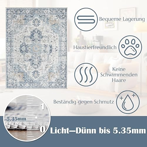 TOPICK Tapis de sol, 80 x 120 cm, lavable, à poils courts, style rétro, bleu, motif floral, antibactérien, pliable, antidérapant, fin, pour entrée, cuisine, couloir, chambre à coucher - Nail Gallerys