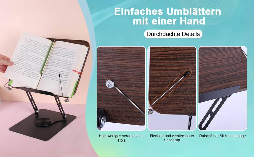 Support pliable pour téléphone ou tablette présenté dans plusieurs positions, avec une finition en grain de bois foncé et des angles de vision réglables.