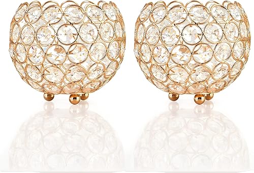 Qucover Bougeoir Doré en Cristal, Lot de 2 Bougies Chauffe-Plat Bol en Métal Luxueux Candélabre, Photophore Noel, Bougeoir Decoratif pour Centres de Table Mariage Salon, 3.74 * 3.15 in - Nail Gallerys