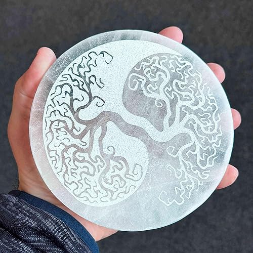 NKlaus Selenit 16601 Plaque de chargement ronde 14,5 cm – Avec gravure Yin Yang arbre de vie, décoration spirituelle pour le chargement des pierres précieuses, la méditation et le travail énergétique - Nail Gallerys
