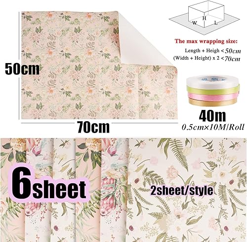 Papier d'Emballage Cadeau de Fleurs Colorées et 4 Rouleaux de Rubans de Soie pour Emballage Décoratif Artisanal Cadeau Fête Mariage Anniversaire - Nail Gallerys