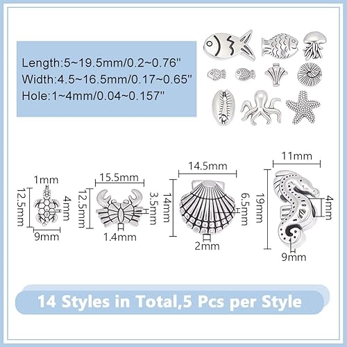 HOBBIESAY 60Pcs perles Sur le Thème de L'Océan en Argent Antique en Métal 14 Styles Motif Poisson Créatures Marines Tibétaines pour la Fabrication de Bijoux DIY Trou: 1-4mm - Nail Gallerys