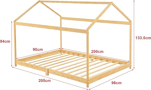 [en.casa] Lit Enfant Forme Maison pour Chambre d'enfant Lit Cabane Robuste avec Sommier à Lattes Bambou 180 x 200 cm Naturel - Nail Gallerys