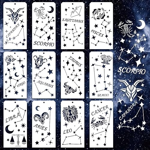 GOMAKERER 12 pochoir Décoratif D'Étoile pour la Peinture 12 Styles Pochoirs Étoile et Lune Pochoirs Réutilisables Constellation du Zodiaque Étoile Pochoirs de Peinture pour Peinture Sur Meubles Décor - Nail Gallerys