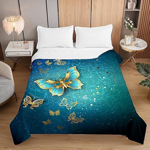 Chickwing Couvre Lit Matelassée, Réversible 3D Imprimé de Papillon Doux Microfiber Couvre-lit Couverture de lit Jeté de Lit Dessus de Lit Courtepointe (Turquoise,220x240cm) - Nail Gallerys