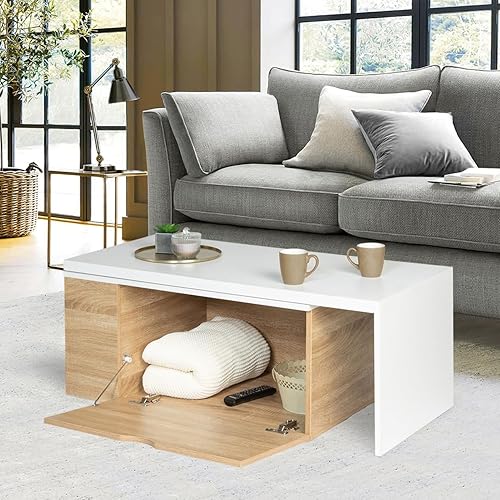 IDMarket - Table Basse rotative Bois et Blanc 360° Lizzi Extensible avec Coffre - Nail Gallerys