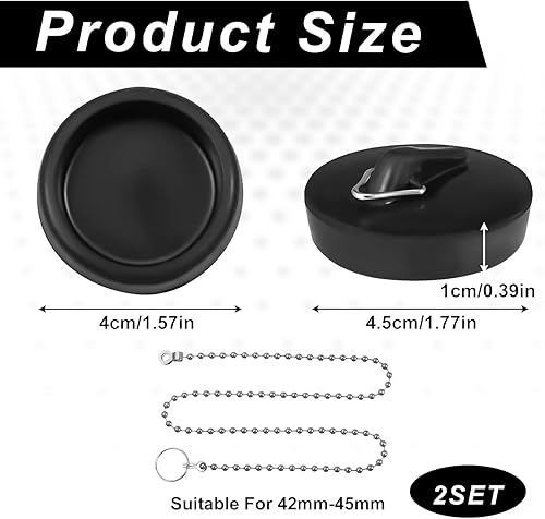 Lot de 2 bouchons de vidange d'évier - En caoutchouc - Avec chaîne de 35 cm - Pour lavabo, évier de cuisine - Nail Gallerys