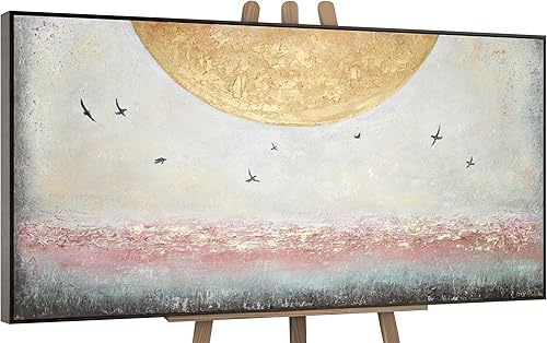 YS Tableau decoration murale salon Énergie du soleil Tableau peinte à la main paysage d'été couleurs claires avec de l'or Décoration intérieure avec cadre 140x70 cm - Nail Gallerys