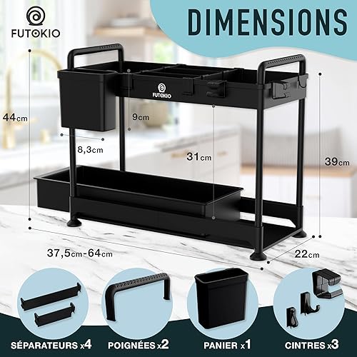 FUTOKIO Rangement sous Evier 2 Niveaux, Rangement et Organisation de Cuisine en Plastique ABS avec Supports Métalliques, Étagère Haute et Robuste, Pieds Antidérapants, Noir - Nail Gallerys