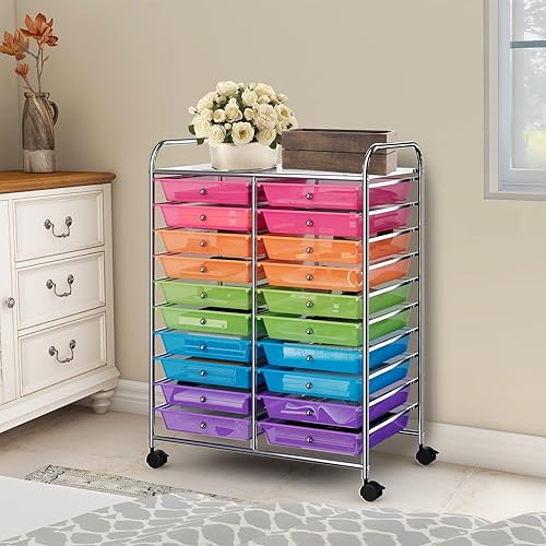 GOPLUS Chariot de Rangement 20 Tiroirs, Tour de Rangement à roulettes, Cadre en Acier, pour Chambre, Bureau, 64 x 38 x 87 CM, Multicolore Tranparent - Nail Gallerys