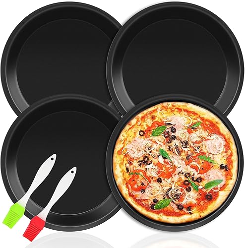 JNWYH Lot de 4 plaques de cuisson rondes - En acier au carbone - 18,1 x 15 x 2,5 cm - Avec 2 brosses en silicone - Pour gâteaux, pizzas, pain, tartes, biscuits - Noir - Nail Gallerys