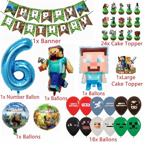 Kiwochy Décoration d'anniversaire d'enfant 6 ans Ballon 6ème anniversaire Décoration Miner Gamer Anniversaire Fête Décoration Jeu Ballon Miner Gamer Anniversaire Enfant Bannière Cupcake Toppers - Nail Gallerys