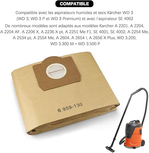 Lot de 10 sacs d’aspirateur pour Karcher 6.959-130.0 sacs en papier filtre A 2201/2204/2504 - Nail Gallerys