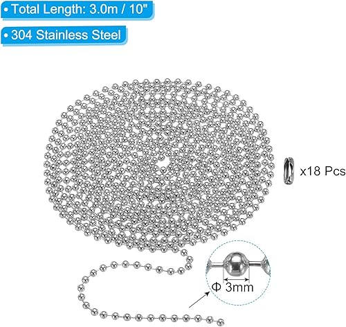 PATIKIL 120 Pouce 304 INOX Acier Bille Chaîne, 3mm Bille Chaîne Perle avec 18 pcs Assorti Connecteur Fermoir pour Collier Suspendu, Étiquette Anneaux, DIY Artisanat - Nail Gallerys