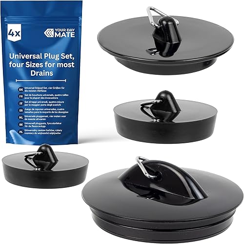 Bouchons de vidange universels, Jeu de 4, pour égouts 1-1/2', 1-3/4' et 2', Toutes Tailles, Ø 40-36 mm, Ø 45.5-42 mm, Ø 43-39 mm, Ø 53-52 mm, PVC, Noir, Bouchons d'évier pour Salle de Bains - Nail Gallerys