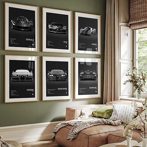 XUPUE Lot de 6 affiches Bugatti Pagani pour murs - Impression artistique de voiture pour chambre de garçon - Sans cadre - 20 x 30 cm - Nail Gallerys