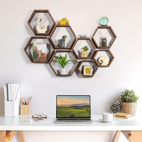 Hexagon Lot de 6 étagères murales en nid d'abeilles en bois pour maisons de ferme, écran en bois, étagères hexagonales, fixées au mur, bureau, décoration marron - Nail Gallerys