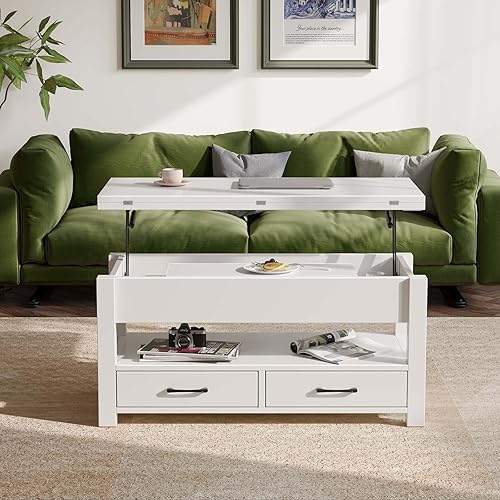 Rolanstar Table Basse Relevable et Extensible en Bois – avec Tiroir, Rangement Caché et Compartiment Ouvert – Convertible en Table à Manger – Idéale pour Petits Espaces – Blanc - Nail Gallerys