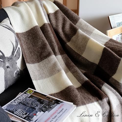 Linen & Cotton Couverture Chaude et Douce à Carreaux Devon avec Franges - 100% Pure Laine de Nouvelle-Zélande, Gris Bleu Blanc (140x 200 cm) Plaid Hiver Noel Femme Homme, Couvre-Lit, Jete de Canape - Nail Gallerys