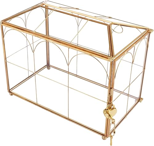 LOLYSIC Boîte à cartes en verre avec fente et serrure pour mariage, réception de fête, souvenir, don, terrarium en verre géométrique décoratif, boîte cadeau, 26 x 14,5 x 21,3 cm, doré - Nail Gallerys