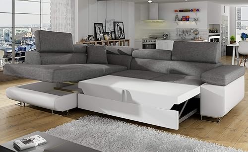 Menzzo Canape Convertible d’Angle Simili Blanc et Tissu Gris | Pieds chromés | Canape Lit avec têtière relevable| Large Accoudoir et Coussins Moelleux | Assise Confortable | L275 x P202 x H90 cm - Nail Gallerys