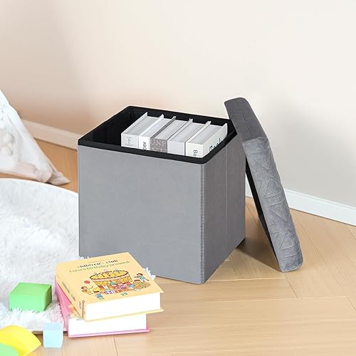 Bonlife Velours Petit Meuble de Rangement Jouet Enfant,Tabouret avec Espace de Rangement Repose Pied Bureau,Tabouret Pliant Pouf Cube 32x32x32cm,Gris - Nail Gallerys
