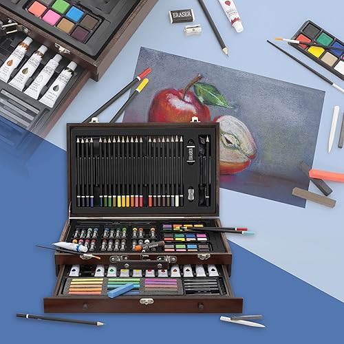 ECD Germany Malette de Peinture 112 Pièces, Crayons de Couleur, Peintures à l'Huile et Acryliques, Aquarelles, Gomme, Taille-Crayon, Crayons HB/2B, Coffret de Coloriage en Bois, pour Enfants/Adultes - Nail Gallerys