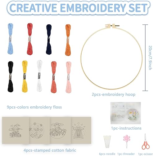 FREEBLOSS Lot de 4 kits de broderie de 20,3 cm pour débutants avec instructions (français non garanti), kit complet de tissu à broder, 2 cerceaux à broder, 9 couleurs de fils - Nail Gallerys