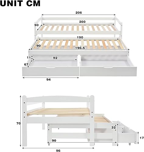 Merax Canapé-lit 90 x 200 cm, lit de jour, avec 2 tiroirs, lit fonctionnel, avec sommier à lattes, lit gigogne simple et double, cadre en bois massif, pour filles et garçons, blanc - Nail Gallerys