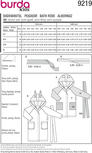 Burda kids Patron de couture #9219 Peignoir pour enfant avec oreilles d'animaux Niveau de couture 2 (léger) Taille 104-146 - Nail Gallerys
