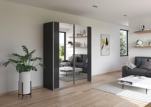 Rauch Armoire à Portes Coulissantes Möbel Kronach, 2 Portes, Gris Métallique avec 2 Miroirs, avec Pack d'Accessoires de Base 2 Tringles 2 Étagères, l X H X P 218X210X59 Cm - Nail Gallerys