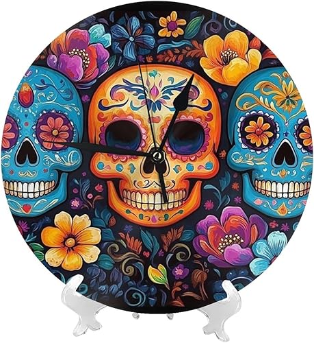 Horloge murale décorative mexicaine avec têtes de mort et fleurs, 25,4 cm, silencieuse, fonctionne avec piles, pour chambre à coucher, cuisine, salon, bureau - Nail Gallerys