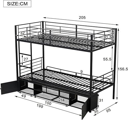 YEHTOKHOME Lit Superposé avec Casiers et étagères de Rangement 90x200cm Lit d'enfant avec échelle Latérale et Barrière Anti-Chute(sans Matelas) (Noir) - Nail Gallerys
