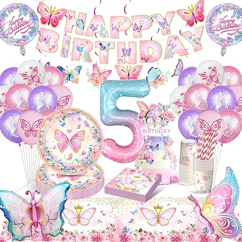 Ensemble de vaisselle de fête papillon - Décoration d'anniversaire pour fille de 5 ans - Papillon - Décoration d'anniversaire d'enfant - Ballons - Assiettes en carton - Nappe pour décoration - Nail Gallerys