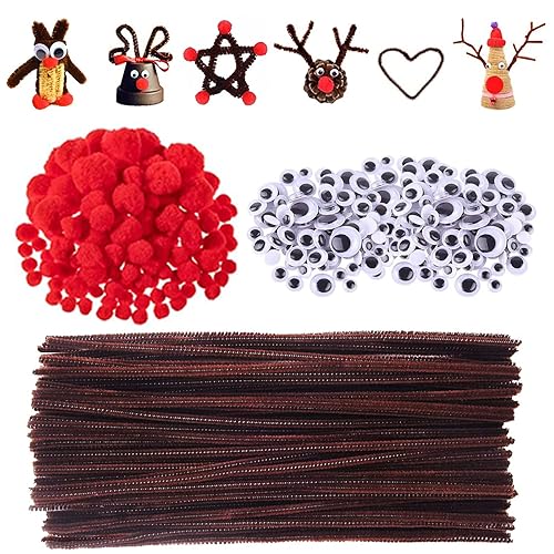 Cure Pipe Chenille marron artisanat, 400 Pièces Fils chenilles Avec Craft Pompons Rondes Yeux Auto-Adhésifs, Tiges de Chenille de Noël Convient à Pour Bricolage de Noël Fait à La Main - Nail Gallerys