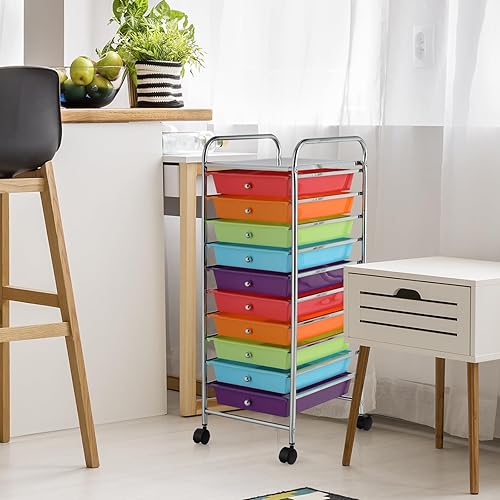 GIANTEX Chariot de Rangement à 10 Tiroirs, Tour de Rangement Multifonction pour la Maison avec 4 Roues (Deux Freins), pour Chambre, Bureau, Salon, 33 x 37 x 86 cm (Multicolore) - Nail Gallerys