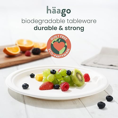 HAAGO 50 Assiettes de Canne à Sucre Jetables (26cm) - Grandes Assiettes pour Fêtes - Solide, Rigide & Étanche - Ecologique et Compostable à la Maison - Nail Gallerys